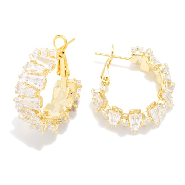Metal Tone Hoop Drop Earrings Featuring Glass Crystals 

- Approximately 1" D