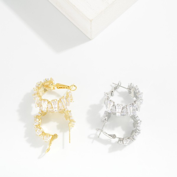 Metal Tone Hoop Drop Earrings Featuring Glass Crystals 

- Approximately 1" D