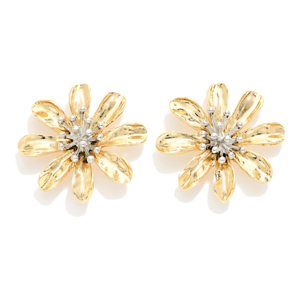 Two Tone Metal Flower Drop Earrings 

- Approximately 1.5" L