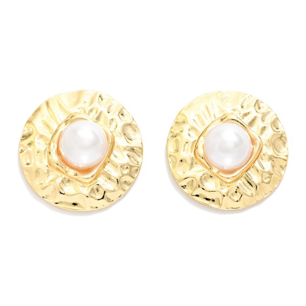 Large Hammered Metal Circle & Pearl Post Drop Earrings 

- Approximately 1.25" L