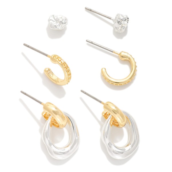 Set Of Three Metal Tone Earrings Featuring Nugget Studs, Hoops, & Link Geometric Shapes 

- Approximately .25-.75" L