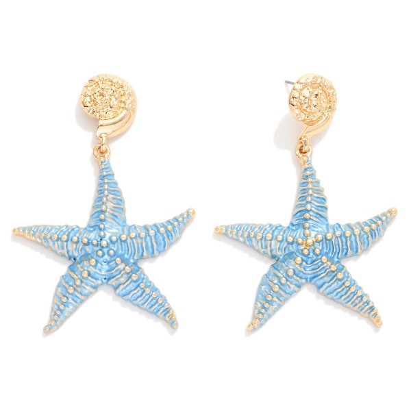 Painted Metal Starfish & Shell Post Drop Earrings 

- Gold Dipped Post 
- Approximately 2.75" L
