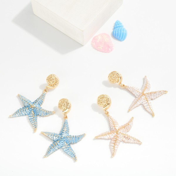 Painted Metal Starfish & Shell Post Drop Earrings 

- Gold Dipped Post 
- Approximately 2.75" L
