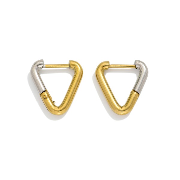 Two Tone Metal Triangle Hoop Earrings 

- Stainless Steel 
- Tarnish Resistant 
- Approximately .5" D