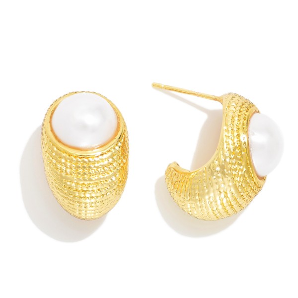 Textured Metal Teardrop Hoop Earrings Featuring Pearl Detail 

- Gold Dipped 
- Approximately 1" L
