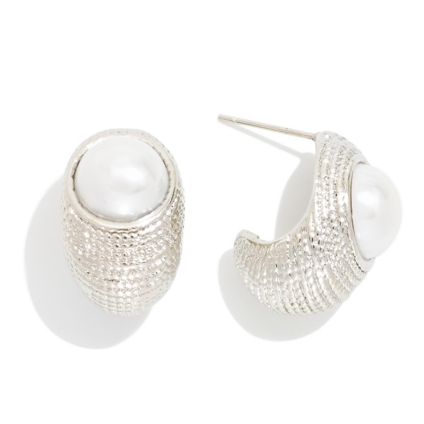 Textured Metal Teardrop Hoop Earrings Featuring Pearl Detail 

- Gold Dipped 
- Approximately 1" L