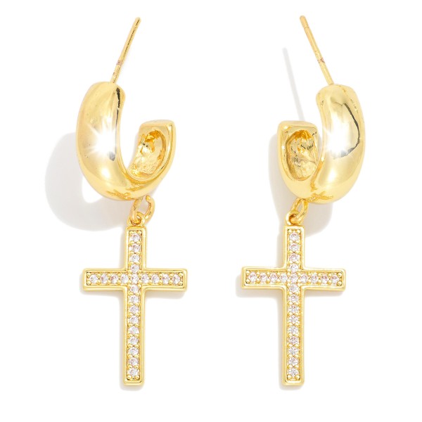 Metal Tone Hoop Earrings Featuring Cubic Zirconia Cross Dangle 

- Gold Dipped
- Approximately 1.25" L