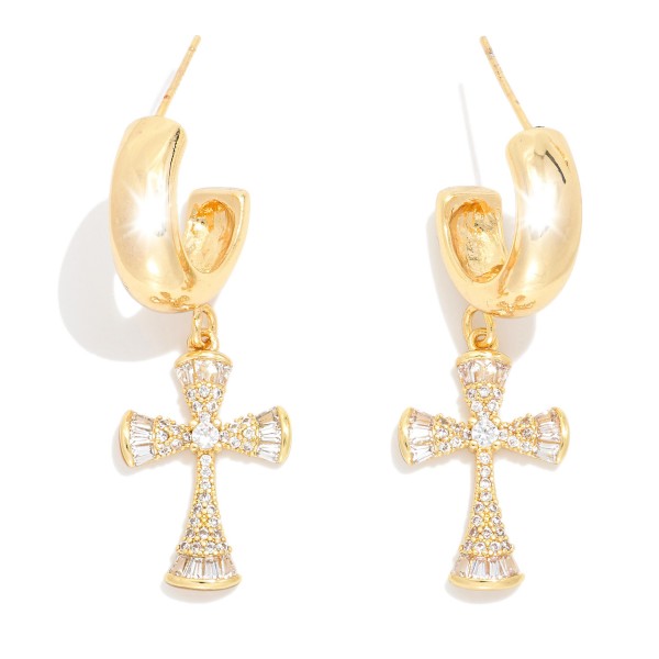 Metal Tone Hoop Earrings Featuring Cubic Zirconia Cross Dangle 

- Gold Dipped
- Approximately 1" L