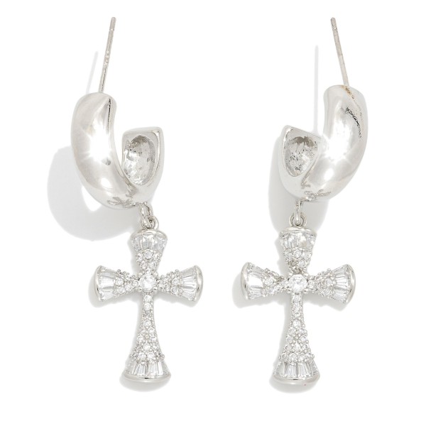 Metal Tone Hoop Earrings Featuring Cubic Zirconia Cross Dangle 

- Gold Dipped
- Approximately 1" L