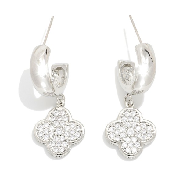 Metal Tone Hoop Earrings Featuring Cubic Zirconia Clover Dangle 

- Gold Dipped
- Approximately .75" D
