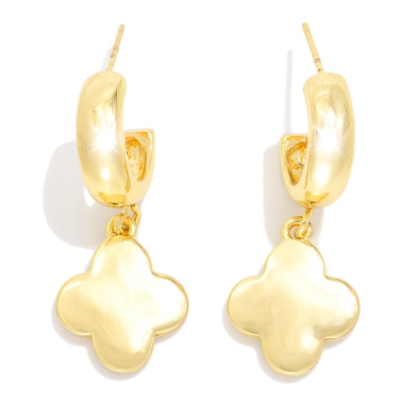 Metal Tone Hoop Earrings With Clover Dangle

- Gold Dipped 
- Approximately 1.5" L