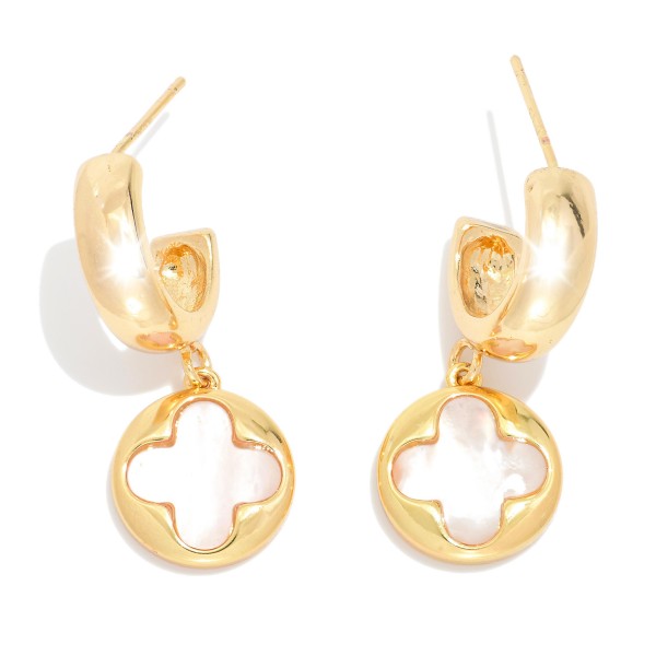 Metal Tone Hoop Earrings Featuring Pearl Clover Dangle Detail 

- Gold Dipped 
- Approximately 1" L