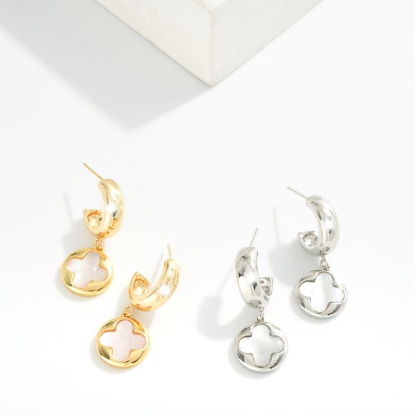 Metal Tone Hoop Earrings Featuring Pearl Clover Dangle Detail 

- Gold Dipped 
- Approximately 1" L