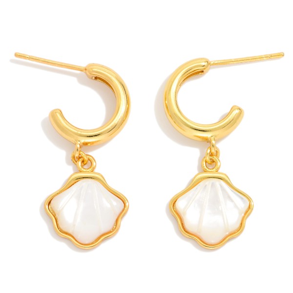Metal Tone Hoop Earrings Featuring Pearl Shell Dangle Detail 

- Gold Dipped 
- Approximately 1" L