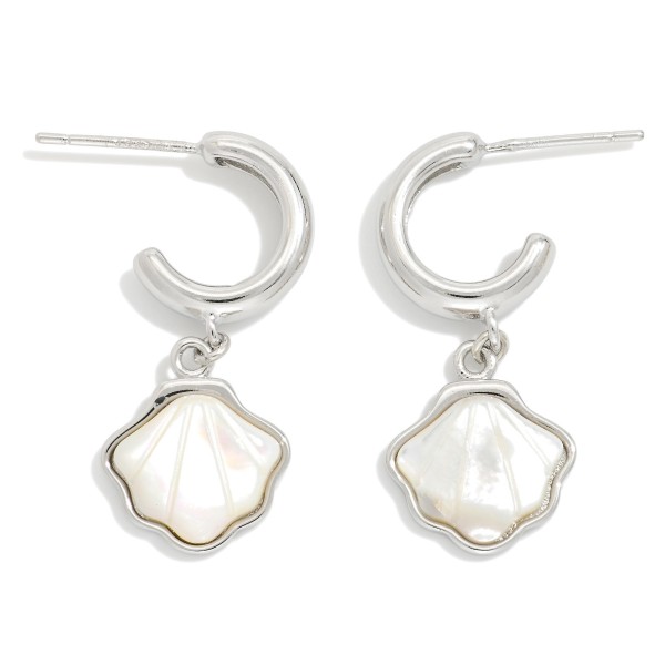 Metal Tone Hoop Earrings Featuring Pearl Shell Dangle Detail 

- Gold Dipped 
- Approximately 1" L