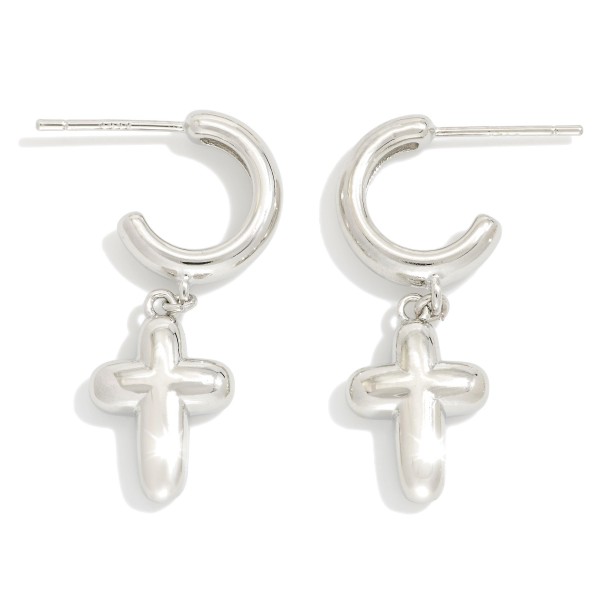 Metal Tone Hoop Earrings With Bubble Cross Dangle 

- Gold Dipped
- Approximately 1" L