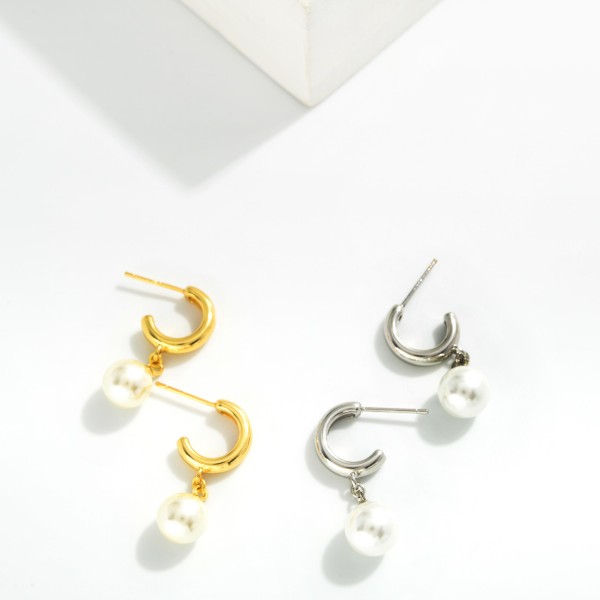 Metal Tone Hoop Earrings Featuring Pearl Dangle Detail 

- Gold Dipped 
- Approximately 1" L