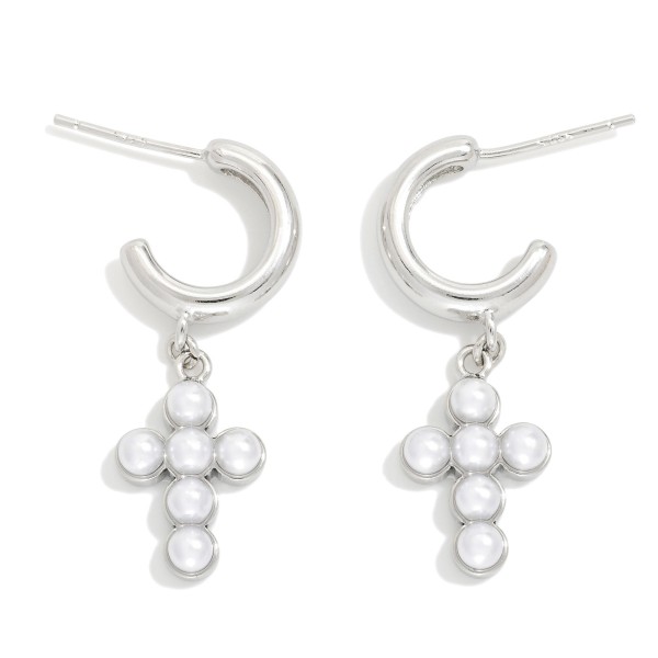 Metal Tone Hoop Earrings With Pearl Cross Dangle Details 

- Gold Dipped
- Approximately 1" L