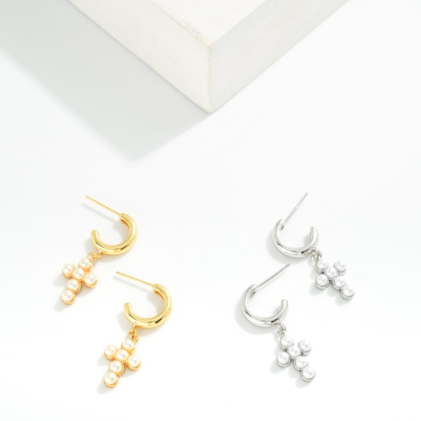 Metal Tone Hoop Earrings With Pearl Cross Dangle Details 

- Gold Dipped
- Approximately 1" L
