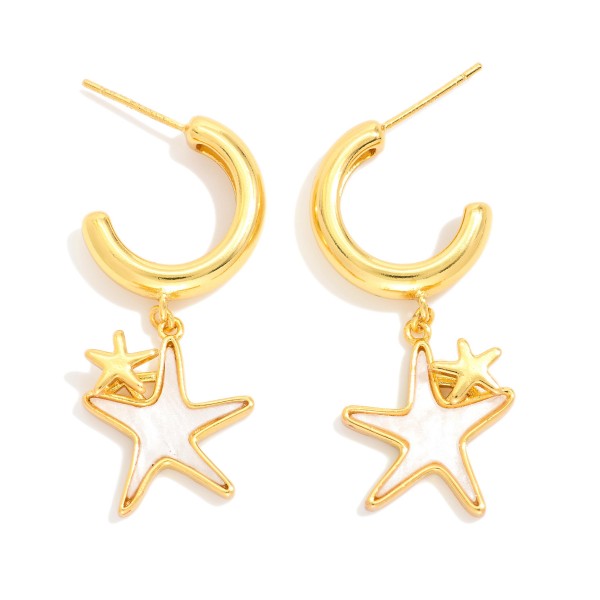 Metal Tone Hoop Earrings Featuring Pearl Star Dangle Detail 

- Gold Dipped 
- Approximately 1" L