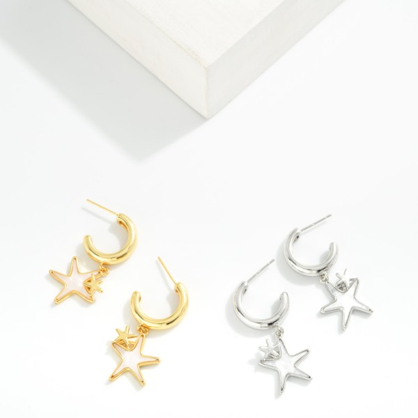 Metal Tone Hoop Earrings Featuring Pearl Star Dangle Detail 

- Gold Dipped 
- Approximately 1" L