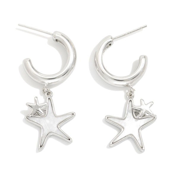 Metal Tone Hoop Earrings Featuring Pearl Star Dangle Detail 

- Gold Dipped 
- Approximately 1" L