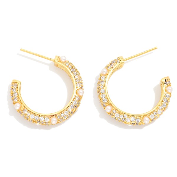 Cubic Zirconia & Pearl Hoop Earrings 

- Gold Dipped 
- Approximately .75" D