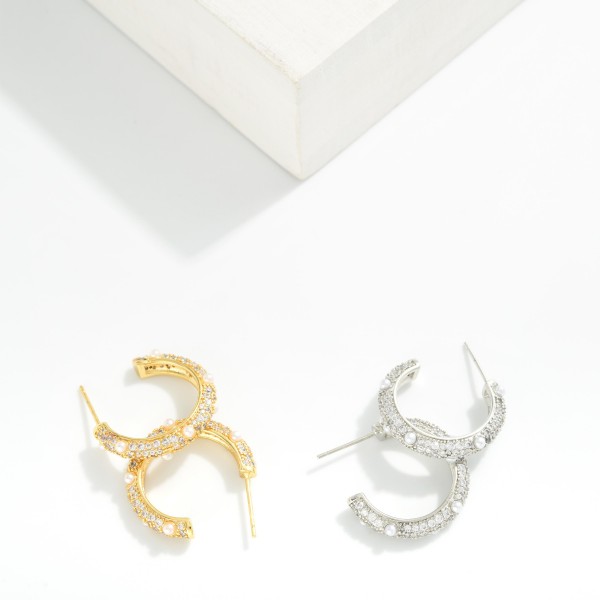 Cubic Zirconia & Pearl Hoop Earrings 

- Gold Dipped 
- Approximately .75" D