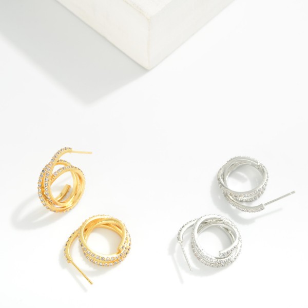 Cubic Zirconia Spiral Hoop Post Drop Earrings 

- Gold Dipped
- Approximately .75" L