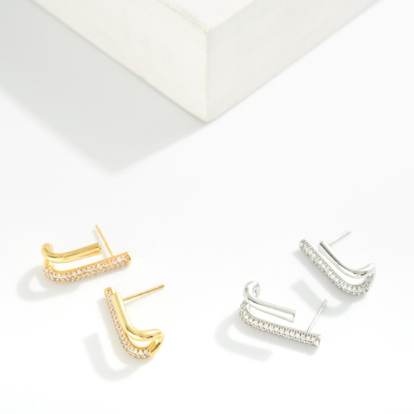 Metal Tone & Cubic Zirconia Double Bar Drop Earrings 

- Gold Dipped
- Approximately .75" D