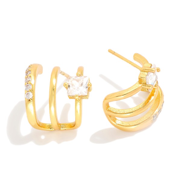 Triple Metal Tone Half Hoop Earrings With Cubic Zirconia Details 

- Gold Dipped
- Approximately .5" L