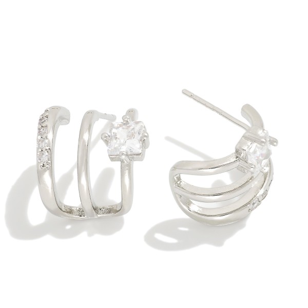 Triple Metal Tone Half Hoop Earrings With Cubic Zirconia Details 

- Gold Dipped
- Approximately .5" L