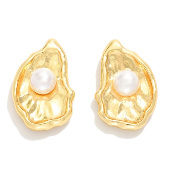 Metal Tone Oyster Shell & Pearl Post Drop Earrings 

- Approximately 1" L