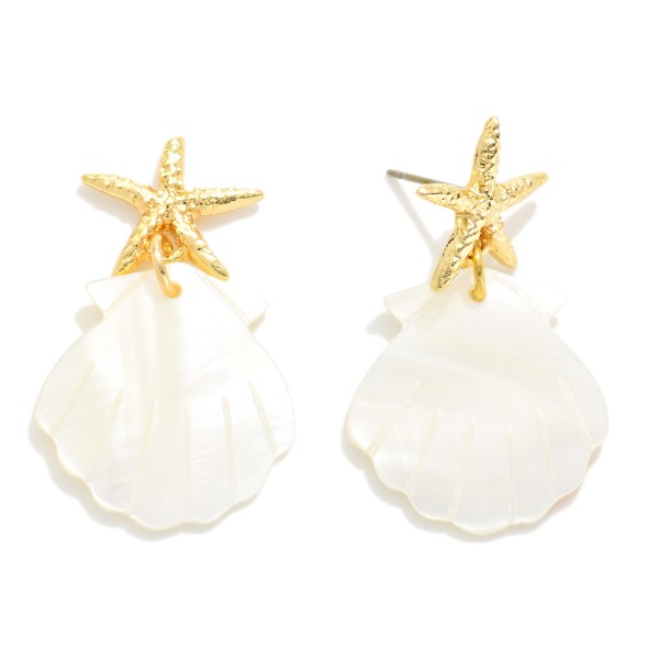Metal Tone Starfish & Pearl Shell Post Drop Earrings 

- Approximately 1.5" L
