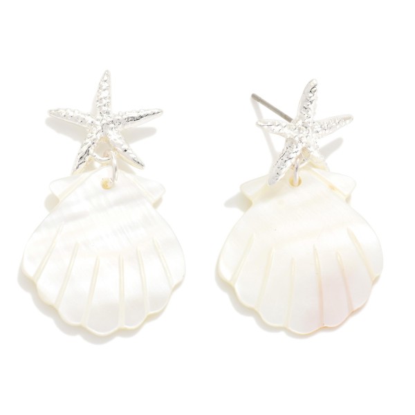 Metal Tone Starfish & Pearl Shell Post Drop Earrings 

- Approximately 1.5" L