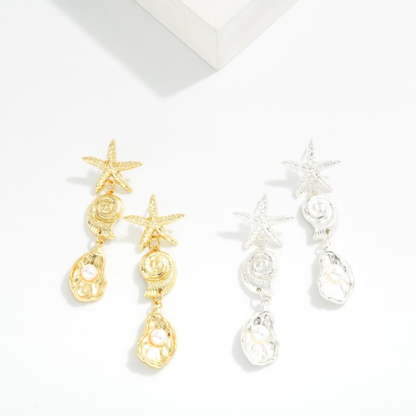 Linked Metal Tone Shell & Starfish Post Drop Earrings 

- Approximately 2.5