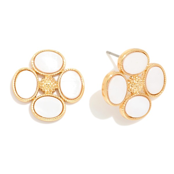 Metal Tone Pearlescent Flower Post Drop Earring

- Approximately .25" D 