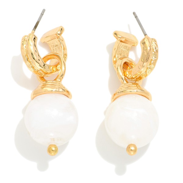 Metal Tone Half Hoop Earrings Featuring Marble Acetate Dangle Ball 

- Approximately 1.5" L 