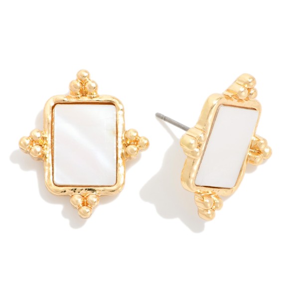 Pearlescent Rectangle Stud Earrings With Metal Tone Border

- Approximately .75" L
