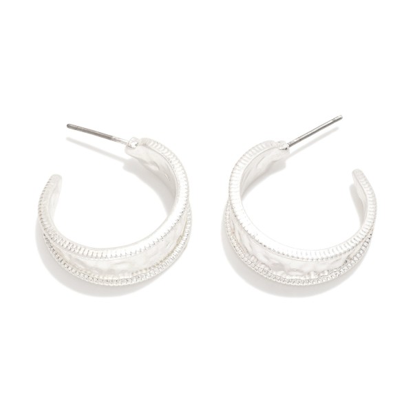 Textured Metal Tone Hoop Drop Earring Featuring Ribbed Border 

- Approximately .75" D