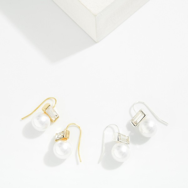Metal Tone Rectangle Glass Crystal Drop Earring Featuring Pearl Ball 

- Approximately .75" L 