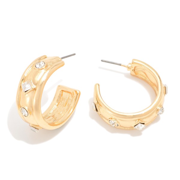 Chunky Metal Tone Hoop Earrings With Rhinestone Details 

- Approximately 1" D