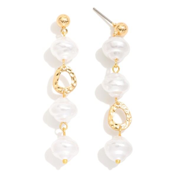 Linked Ringed Pearl Drop Earrings With Hammered Metal Detail 

- Approximately 2" L