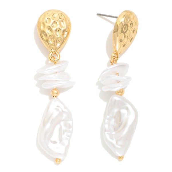 Textured Metal Tone Post Drop Earring Featuring Baroque Pearls 

- Approximately 2" L 