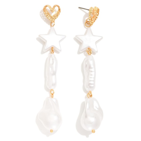 Linked Pearl Star & Baroque Pearls Post Drop Earrings Featuring Heart Post 

- Approximately 3" L