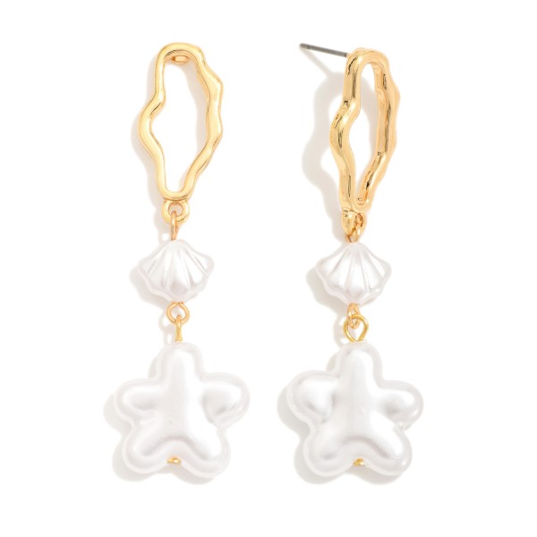 Pearl Star & Shell Post Drop Earrings Featuring Wavy Metal Post 

- Approximately 2.25" L