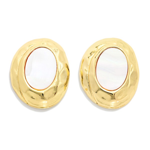 Hammered Metal & Pearlescent Oval Post Drop Earrings 

- Approximately 1.25" L