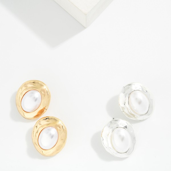 Hammered Metal & Pearl Post Drop Earrings 

- Approximately 1.25" L