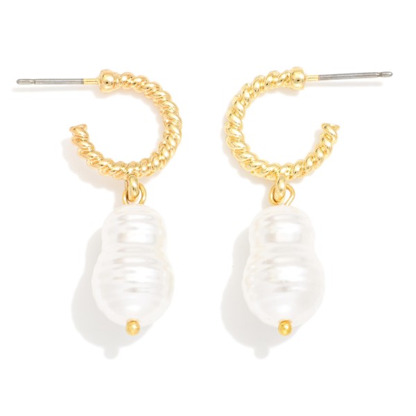 Twisted Metal Hoop & Linked Baroque Pearl Post Drop Earrings 

- Approximately 1.5" L