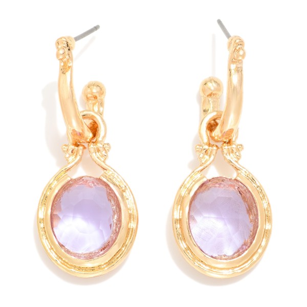 Metal Tone Hoop Earring Featuring Glass Crystal Dangle Detail 

- Approximately 1.5" L 